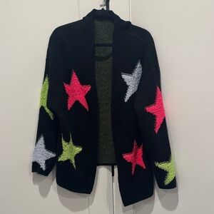 Black Star Pattern Open Cardigan with Neon Stars